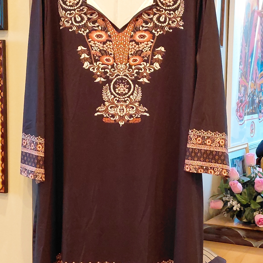 Embroidered V-Neck Women’s Tunic Top in Dark Brown